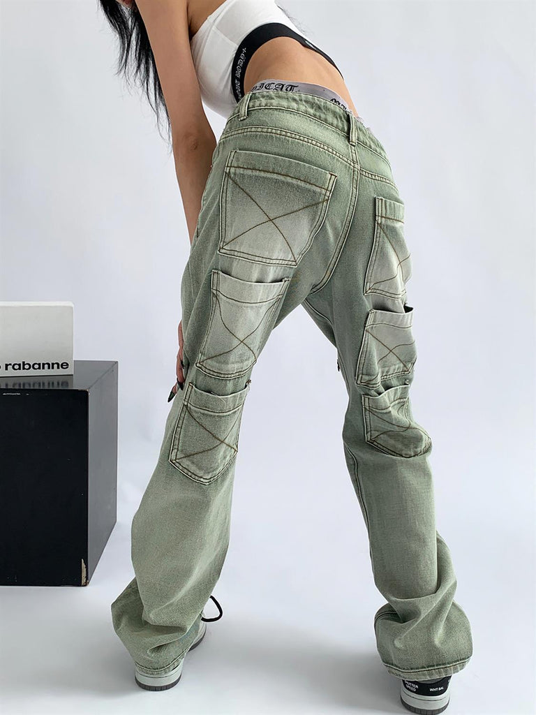 High-waisted Washed Cargo Jeans, , women clothing, high-waisted-washed-cargo-jeans, green, fairypeony