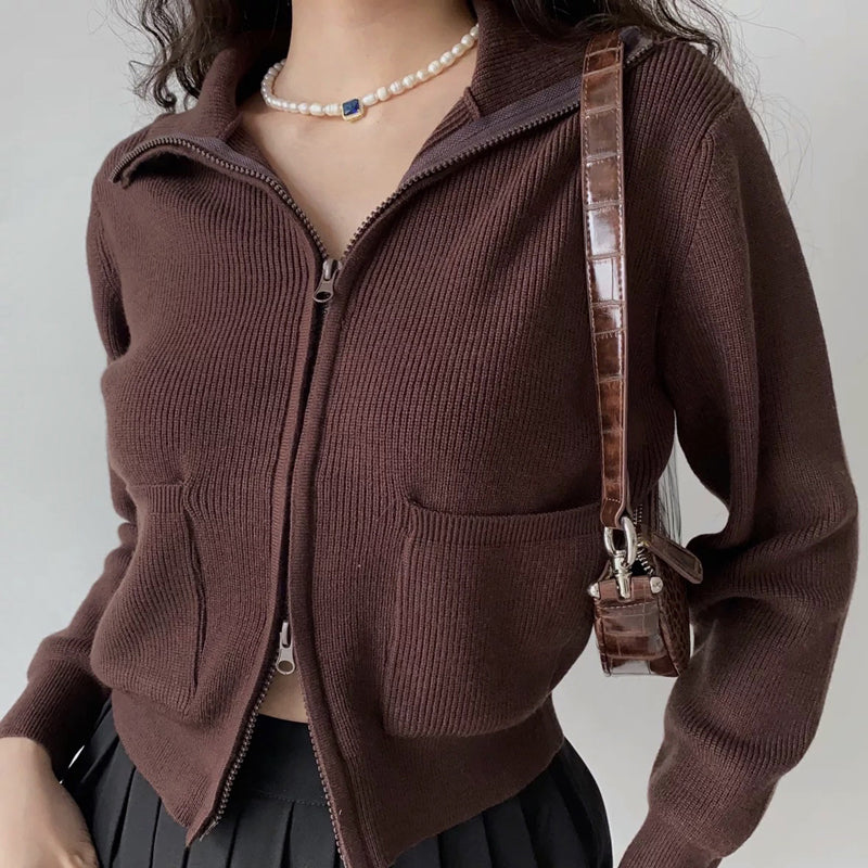 Lapel Double Zip Turtleneck Knitted Sweater, , women clothing, lapel-double-zip-turtleneck-knitted-sweater, black, coffee, grey, white, fairypeony