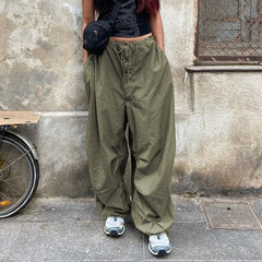 Size Friendly Low Waist Parachute Cargo Pants, , women clothing, size-friendly-low-waist-parachute-cargo-pants, green, white, fairypeony