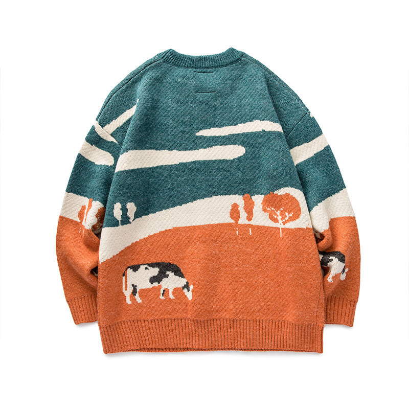 Cows Emroidery Vintage Sweater, , women clothing, cows-emroidery-vintage-sweater, grey, L, M, orange, XL, fairypeony