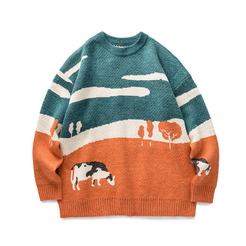 Cows Emroidery Vintage Sweater, , women clothing, cows-emroidery-vintage-sweater, grey, L, M, orange, XL, fairypeony