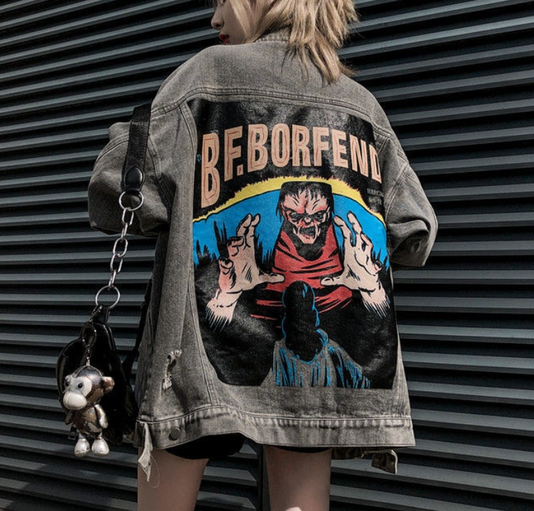 Oversized BF.Borfend Street Denim Jacket, , women clothing, oversized-bf-borfend-street-denim-jacket, black, grey, fairypeony