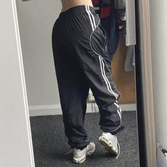 Piping Detail Parachute Straight Leg Pants, , women clothing, piping-detail-parachute-straight-leg-pants, black, fairypeony