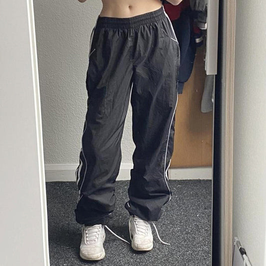 Piping Detail Parachute Straight Leg Pants, , women clothing, piping-detail-parachute-straight-leg-pants, black, fairypeony