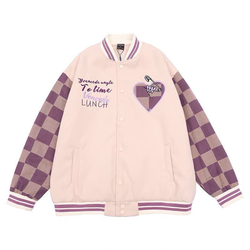 Retro Checkerboard Baseball Jacket, , women clothing, retro-checkerboard-baseball-jacket, , fairypeony