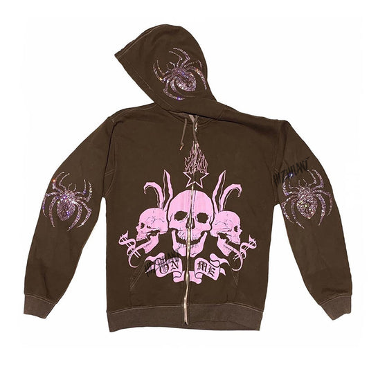 Spider Skulls Streetwear Hoodie, , women clothing, spider-skulls-streetwear-hoodie, brown, L, M, XL, XXL, fairypeony