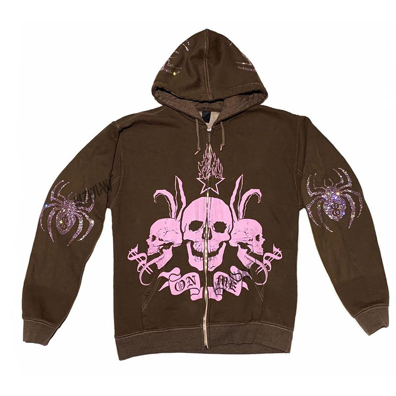 Spider Skulls Streetwear Hoodie, , women clothing, spider-skulls-streetwear-hoodie, brown, L, M, XL, XXL, fairypeony