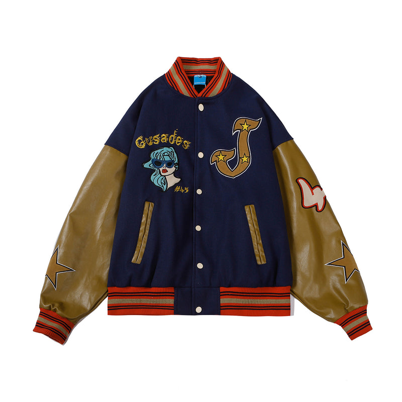 Street Embroidery Varsity Jacket, , women clothing, street-embroidery-varsity-jacket, brown, white, fairypeony