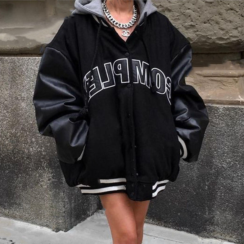 Street Hooded Varsity Jacket, , women clothing, street-hooded-varsity-jacket, black, fairypeony