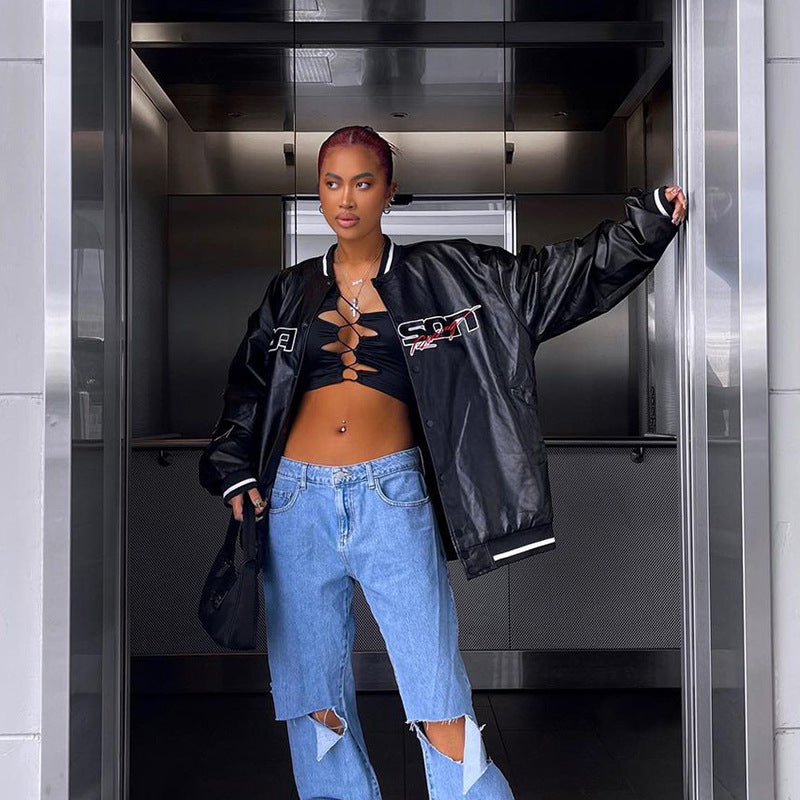 Street Embroidery Leather Jacket, , women clothing, street-embroidery-leather-jacket, black, fairypeony