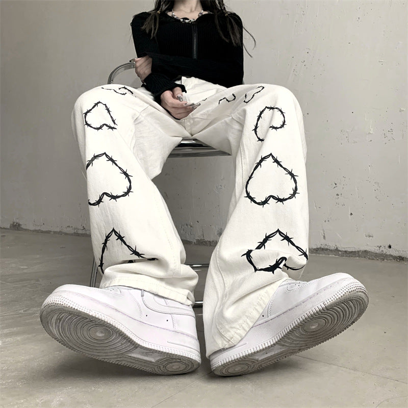 Thorns Hearts Street Pants, , women clothing, thorns-hearts-street-pants, black, L, M, S, white, XL, fairypeony