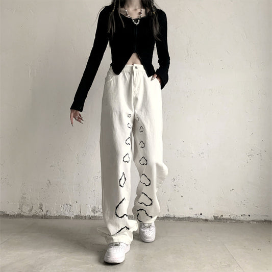 Thorns Hearts Street Pants, , women clothing, thorns-hearts-street-pants, black, L, M, S, white, XL, fairypeony