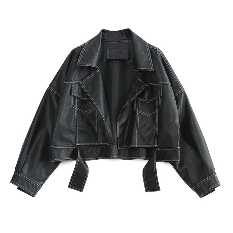 Topstitched Decorative Pu Leather Jacket, , women clothing, topstitched-decorative-pu-leather-jacket, black, fairypeony