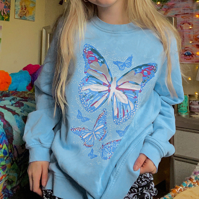 Vintage Butterflies Print Sweatshirt, , women clothing, vintage-butterflies-print-sweatshirt, blue, fairypeony
