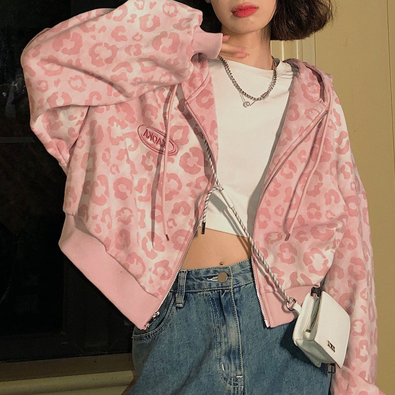 Y2K Pink Leopard Print Zipper Hoodie, , women clothing, y2k-pink-leopard-print-zipper-hoodie, pink, fairypeony