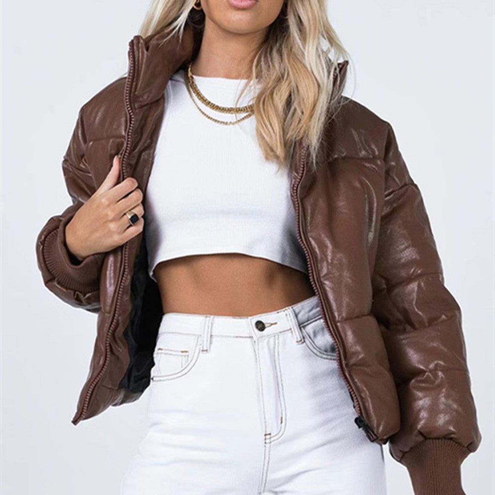 Zipper Pu Leather Puffer Jacket, , women clothing, zipper-pu-leather-puffer-jacket, , fairypeony